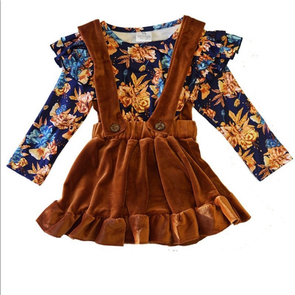 Navy floral suspender skirt set